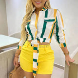 Yipinpay Women's Short Pant Suits 2 Piece Set 2024 Fashion Striped Print Pockets Lace Up Cropped Blouses 2 Piece Set Women Clothes