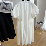 Yipinpay French Loose Jacquard Lantern Short Sleeve Dress for Women Summer Black White Casual Wild Doll Dress Vestidos De Mujer