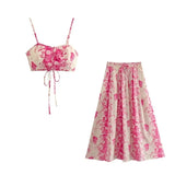 Yipinpay Print Long Skirts For Women Fashion 2023 Pink Floral Skirt Woman Fashion High Waist Midi Skirt Sets Pleated Summer Skirts