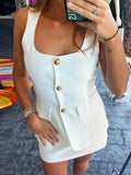 Yipinpay Breasted Vest Skirts Set Women White Sleeveless Square Collar Button Waistcoat Sexy Mini Skirt 2024 Summer Lady Outfits