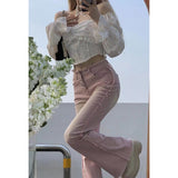 Yipinpay Pants Jeans Y2k 90s Slim Pink Flare Pants for Women Y2k Vintage Female Low Waist Jeans High Street Full Length Trousers