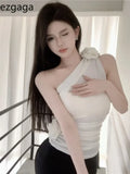 Yipinpay Flowers Crop Tank Tops Women Irregular Diagonal Collar Off Shoulder Sleeveless Slim Stretch Camis Sexy Ladies Chic Tops