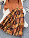 Yipinpay Women Retro Sweater Suits 2024 Fashion Lantern Sleeve Sheath Knitted Top+Elastic Loose Long Skirt Two Pieces Sets
