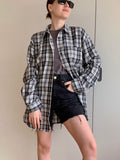 Yipinpay Patchwork Black And White Plaid Shirts Women Pocket Gingham Blouse Casual Loose Long Sleeve Print Tops Spring Shirts