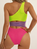 Yipinpay Shoulder Women One Piece Swimsuit 2023 ColorBlock Sexy Ribbed Female Swimwear High Waist Swimming Suit Monokini Bathing Suit
