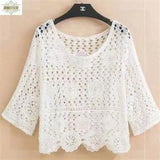 Yipinpay Fashion New Round Neck Five-point Sleeve Pullover Handmade Sweater Korean Version Knitted Hollow Solid Color Top Female