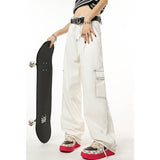 yipinpay White High Waist Overalls Women Jeans American Fashion Streetwear Oversize Wide Leg Jean Female Trouser Baggy Denim Pants