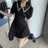 Yipinpay Vintage Elegant High Waist Slim Temperament Black Pearl Lapel Puff Sleeve Dress Women Short Jacquard Floral Print Sexy