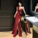Yipinpay Elegant Dresses Women Sexy Diagonal Collar Irregular Off Shoulder Ruffles Backless Slim Split Mermaid Dress Party Ladies