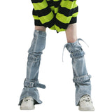 Yipinpay for Women Fall Winter Leg Warmers Knee Length Lolita Harajuku y2k Buckled Denim Leggings Stylish Jean Foot Socks for Lady
