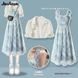 Yipinpay Women's Summer Dress Suit 2024 New Fashion Short Sleeve Shirt+Denim Strap Skirt Two Piece Korean Elegant Casual Matching Set