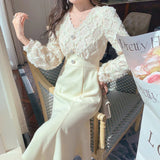 Yipinpay Long White Dress Women French Vintage V-neck Lace Slim Y2K Dress Spring Korean One Piece Casual Evening Party Dress 2023