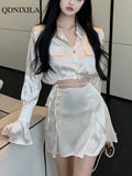 Yipinpay Summer Fashion Elegant Women's Skirt Set Full Flare Sleeve Lace Bandage Satin Short Shirt and High Waist Skirt 2-piece Set