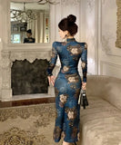 Yipinpay Vintage Dresses Women Sexy Floral Printed Hollow Out Slim Long Sleeve Stand Collar Split Elegant Dress Ladies Temperament