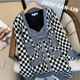 Yipinpay Black White Checkerboard Coat Short Cardigan Casual 2Piece Sets Retro Bow Spaghetti Strap Plaid Dress Bodycon Outfits