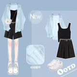 Yipinpay Women's Tracksuit Suit 2024 Summer New Casual Sunscreen Shirt Top Vest Shorts Three Piece Korean Chic Blouse Pants Matching Set