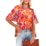 Yipinpay Women's Flower Shirt Top Fashion Summer O-Neck Blouse Short Sleeve Shirts Elegant Casual Loose Tops Blouses For Women Clothing