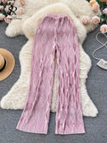 Yipinpay Pleated Vintage Striped Long Pants Fashion Spring High Waist Wide Leg Trousers Women Streetwear Solid Casual Pants