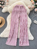 Yipinpay Pleated Vintage Striped Long Pants Fashion Spring High Waist Wide Leg Trousers Women Streetwear Solid Casual Pants