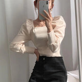 Yipinpay Velvet Square Neck Slim Fit Pleated Bubble Sleeve T-shirts Spring Ropa Mujer 2023 Shirts for Women Black Tops Knit