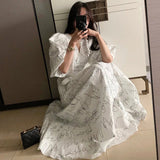 Yipinpay Vestidos De Mujer V Neck High Waist Large Swing Lantern Sleeve White Graffiti Dress Women Vintage Loose Short Minimalism