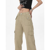 yipinpay Women Bottoms Khaki Vintage Cargo Jeans Fashion Pocket High Waist Wide Leg Pants Casual Street Baggy Denim Trouser Ladies Summer