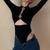 Yipinpay Bodysuit y2k Clothes Bandage Sexy Solid Color Long Sleeve Slim Hollow Out Romper with Metal Ring for Spring Fall 2023