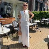 Yipinpay Lace-up Tank Top Skirts Set Women Sleeveless O-neck Ruffles Shirt Long Skirt 2024 Summer New Chic Lady Elegant Outfits