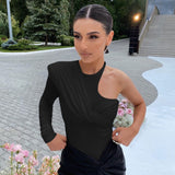 yipinpay Bodysuit Women Top Long Sleeve Body One Shoulder Bodysuits Ruched T Shirt Female Clothing Skinny Streetwear Black Bodysuit