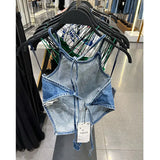 Yipinpay New Fashion Women's Vest Outerwear American Spicy Girl Sexy Tank Top Hanging Neck Denim Camisole Street Slim Fit Crop Top