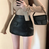 Yipinpay Mini Skirts Women Autumn Winter Sexy Pockets PU Leather Slim Culottes Black Wrap Hip Female Street Fashion Skirt