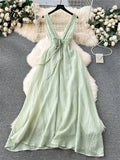 Yipinpay French Gentle Holiday Long Dress Summer Deep V-Neck Bandage A-Line Design Female Solid Sleeveless Party Sexy Sundress