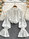 Yipinpay High Quality Satin Loose Shirt Long Flared Sleeves Ruffles O Neck Beading Women Gentle Office Lady Casual Blouse