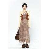 yipinpay Women Stripe Knitting Dress Spring New Sexy Long Suspender Dress Skirt Advanced Sense Fashion Streetwear V-neck Female Dress