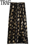 Yipinpay Knot Long Skirts For Women Fashion 2023 Printed Vintage Skirt Woman Mid-Waist Slit Skirt Sets Elegant Women's Skirts