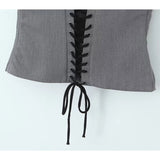 Yipinpay Y2K Women Lace Up Bandage Back Gray Crop Top Short Sleeve Square Neck Ladies Sexy Chic Tops