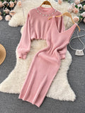 Yipinpay Winter Women Knitted Sets Fashion Breading Long Sleeve Pearl Sweater+Knitted Camis Dress Sets Fashion Sweater Suits