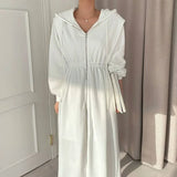 Yipinpay Hooded Zip Sweatshirt Dress Long Casual Cloth 2023 Dress for Women Wild Black Grey High Waist Swing Maxi Sweater Vestidos