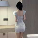 Yipinpay Woman Dress Summer Sexy Bright Silk Slim Puff Sleeve Off Shoulder Slim Stretch Elegant Party Dresses Female Clubwear