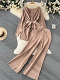 Yipinpay Winter Casual Two Pieces Suits Long Sleeve Knitted Cardigan Coat+Elastic Waist Wide Leg Pant Female Loose Sweater Sets