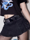 Yipinpay Harajuku Y2k Denim Skirt Women Dark Gothic Streetwear Mini Skirt with Skull Belt Mall Goth Punk Grunge Sexy Emo Clubwear