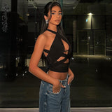 yipinpay Out Sleeveless Tank Top Women Camisoles Black Top Streetwear Outfits Solid Slim Cross Neck Crop Top Female Summer Clothes