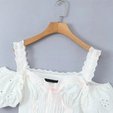 Yipinpay 3 Ways Wear White Embroidery Dress Short Puff Sleeve Mini Birthday Party Dresses Women Lacing Up Holiday Vacation Dress