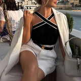Yipinpay 2023 Black Knit Tank Top Female Off Shoulder Crop Tops For Women Backless Sleeveless Top Woman Streetwear Sexy Summer Tops