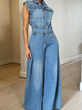 Yipinpay Women's Denim Romper Spring Summer Sleeveless Lapel Loose Comfortable Solid Color Ladies One-Piece Wide Leg Pants