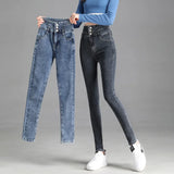 Yipinpay Leggings Jeans Women Velvet Thicken Warm Pencil Pants Casual High Waist Female Korean Thermal Straight Skinny Denim Trousers
