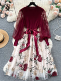 Yipinpay Senior Knitted Patchwork Dress Long Lantern Sleeves Bow Mesh Embroidery Floral Women Autumn France Elegant Party Dress