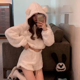 Yipinpay Autumn Winter Women's Plush Sweater Slim Retro Fashion Thickened Short High Waisted Bear Hooded Top and Short Pants
