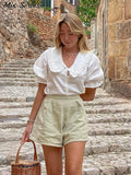 Yipinpay Doll Collar Shirts Shorts Suit Women Puff Short Sleeve Single Breasted Blouses Loose Short Pants 2024 Summer Casual Set