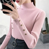Yipinpay Women Autumn Knitted Slim Sweaters Solid Knitted Female Cotton Soft Elastic Color Pullovers Button Full Sleeve Turtleneck